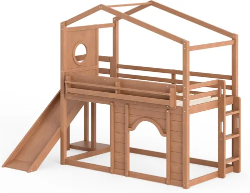 Vista 8 de Harper & Bright Designs Cama tipo loft para niños, tamaño individual, con armario y puerta arqueada, litera de casa con tobogán y estanterías