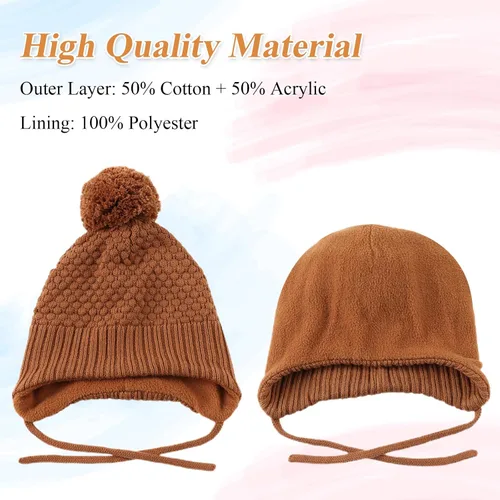 Vista 3 de Gorros de invierno para niña con forro polar para niños, gorro de punto con orejeras con pompón, de 0 a 8 años