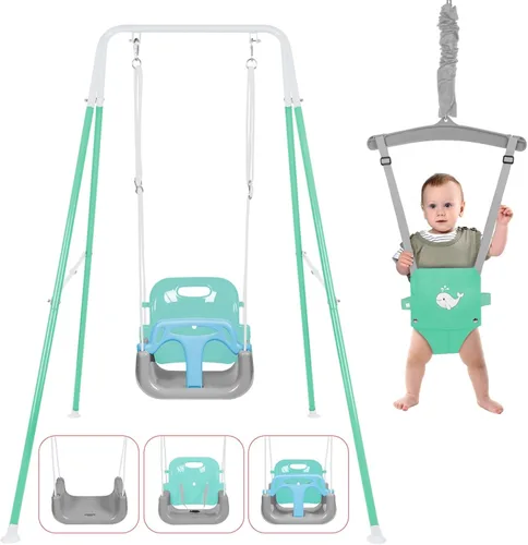 Vista 12 de Juego de columpio 4 en 1 para niños pequeños y jersey para bebé, columpio resistente para niños con rebotador, soporte plegable de metal