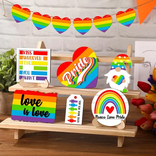 Vista 2 de FairySandy 12 piezas de decoración de bandeja escalonada del orgullo arco iris, decoración de mesa de gnomo, corazón, amor es amor, letrero