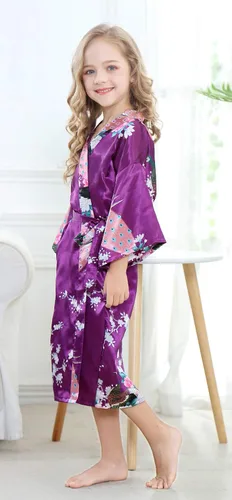 Vista 4 de TIMSOPHIA Bata de baño floral de satén para niños, bata de baño para boda, spa, fiesta, regalos, lencería nupcial, ropa de dormir, bata de baño