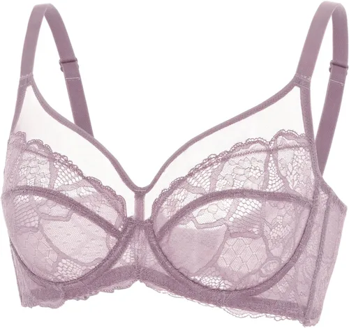 Vista 2 de DOBREVA Brasier sexy de encaje transparente para mujer, sin forro, minimizador, cobertura completa, brasier transparente