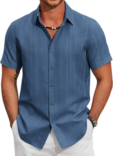 Vista 8 de COOFANDY Camisas casuales con botones para hombre, de manga corta, para verano, playa, texturizadas