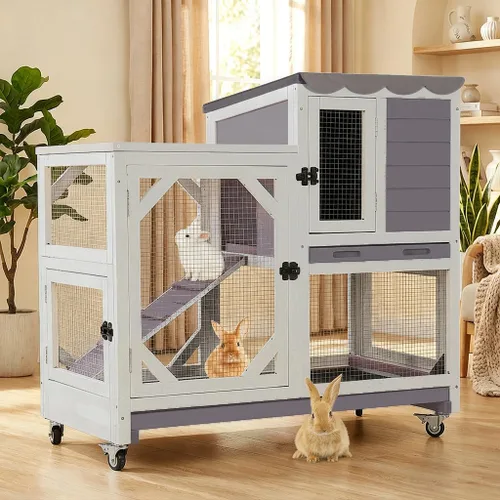 Vista 8 de Aivituvin Rabbit Hutch - Jaula de conejito para interiores y exteriores, 2 pisos, casa de mascotas, jaula de conejillo de indias con ruedas, 36