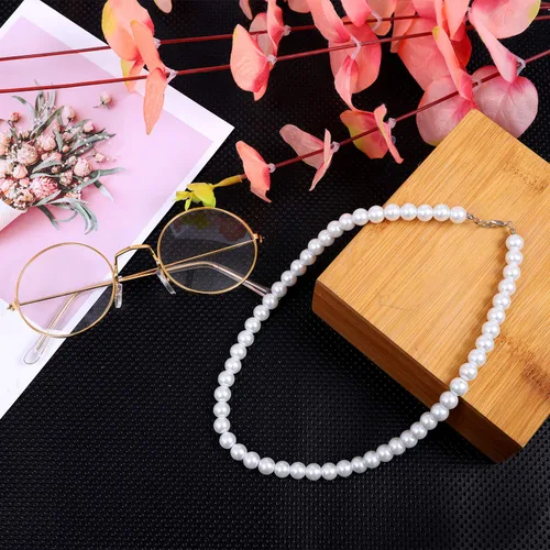 Vista 6 de Cooraby 3 piezas de peluca gris de anciana de 100 días de escuela, peluca de abuela, gafas de abuela, collar de perlas artificiales, juego