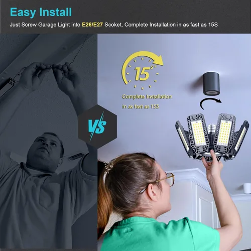 Vista 3 de Luz LED de garaje de 200W 20000LM 6500K, luces de techo de garaje con 7+1 paneles ajustables, luces de tienda con rosca E26 E27 para taller, sala