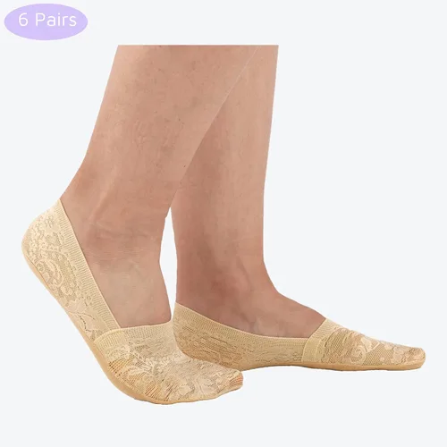 Vista 3 de Flammi - 4 pares de calcetines de encaje para mujer, antideslizantes, con parte inferior de algodón