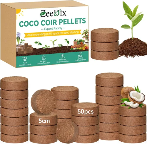 Vista 14 de ZeeDix 50 pellets de fibra de coco orgánica de 1.181 in para iniciadores de semillas, tierra de coco comprimida para plantar, suelo de jardín