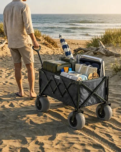 Vista 9 de Carro de playa con ruedas grandes para arena, carrito utilitario con marco de acero todo terreno con neumáticos de 9 pulgadas, diseño plegable