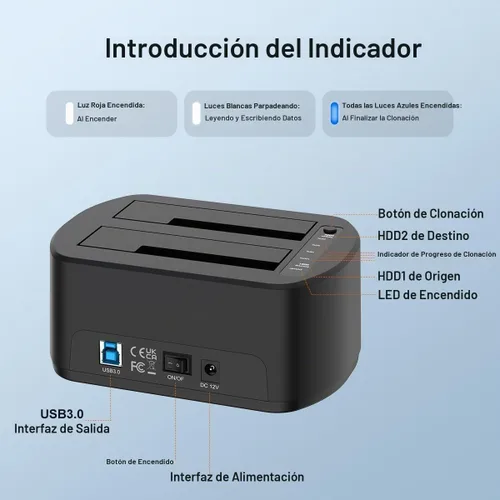 Vista 3 de MAIWO Estación de acoplamiento de disco duro externo con clon offline para 2.5/3.5" SATA HDD/SSD, 5Gbps con UASP, capacidad de 48 TB, duplicador