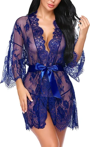 Vista 3 de Avidlove - Kimono de encaje para mujer, tipo babydoll, camisón de malla, lencería, bata, tallas S-5XL