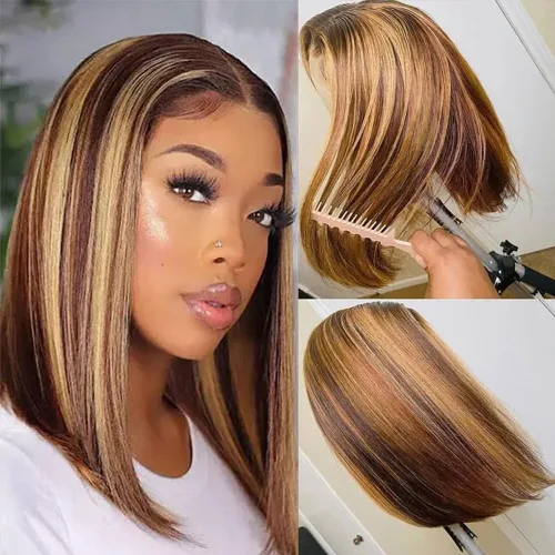 Vista 9 de Peluca de cabello humano lacio marrón con reflejos de 13 x 4, peluca frontal de encaje transparente #4, peluca corta Bob para mujeres negras