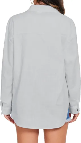 Vista 4 de HOTOUCH Camisa de algodón con botones para mujer, casual, manga larga, ajuste holgado, cuello de lino, blusa de trabajo con bolsillo