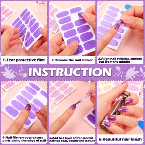 Vista 3 de Maitys 192 piezas de 16 hojas de esmalte de uñas con purpurina, tiras autoadhesivas de brillo de color sólido, calcomanías de envoltura completa