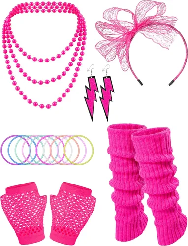 Vista 6 de Yuriko Disfraz de fiesta de los años 80 para mujer, camiseta de neón con hombros descubiertos, dos piezas con accesorios de disfraces de los años 80
