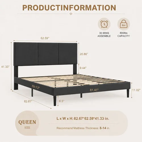 Vista 2 de Marco de cama tamaño Queen con cabecero – Marco de cama de plataforma resistente tapizado con canales verticales acolchados elegante con listones