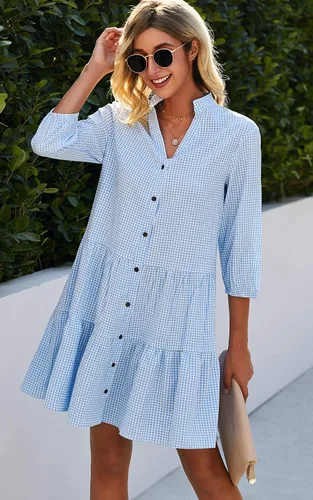 Vista 3 de CCTOO - Vestido de verano para mujer - Vestido camisero informal con cuello en V, manga 34 y botones, estampado floral, suelto y fluido