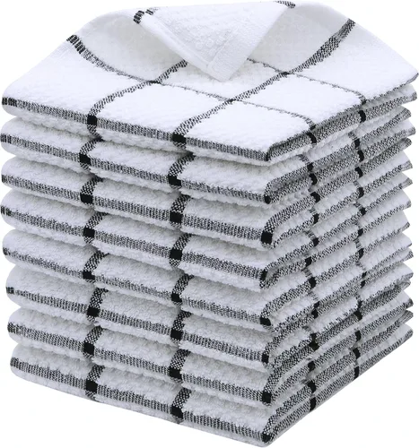 Vista 9 de Paños de cocina de rizo de algodón, suaves y absorbentes, paños de cocina (rejilla negra, paños de cocina de 13 x 13 pulgadas)