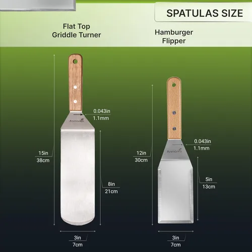 Vista 9 de Juego de espátulas de metal, espátula larga para plancha, espátulas de teppanyaki, raspador de plancha y aleta para panqueques o volteador