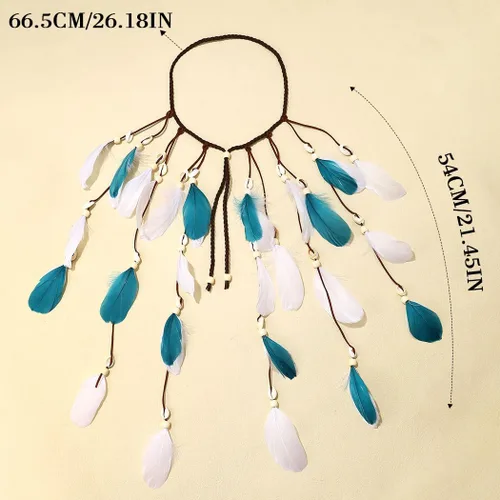 Vista 6 de Diadema de plumas bohemias, disfraz de gitano indio, tocados de concha azul, tocados hechos a mano, accesorios para el cabello de plumas