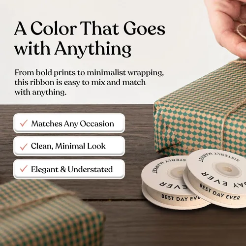 Vista 5 de Cinta de algodón en espiga personalizada, cinta de regalo natural de 5/8 pulgadas con frase impresa Best Day, 10 yardas