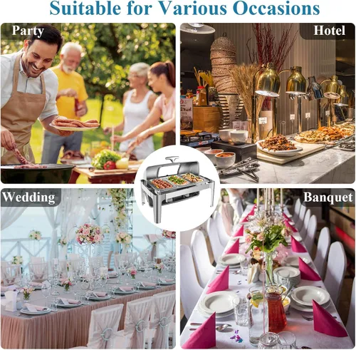 Vista 5 de Amhier Juego de bufé de 9 cuartos de galón con tapa enrollable visible, servidores y calentadores de bufé de acero inoxidable para catering