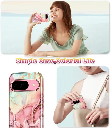Vista 6 de Btscase Funda para Google Pixel 9 Pro 2024 [grado militar a prueba de golpes] elegante patrón de mármol delgado protector 3 capas de policarbonato