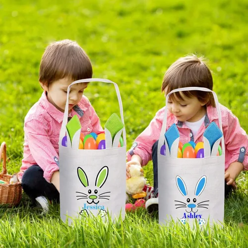 Vista 2 de Paquete de 2 cestas de Pascua personalizadas para niños, cestas de Pascua Touber para niños, cestas de Pascua personalizadas con nombre, regalos
