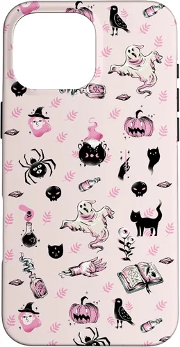 Vista 19 de iPhone 16 Vintage Halloween Case Pumpkins Ghosts Witch Skulls Pink Case