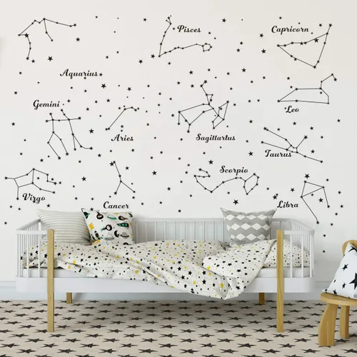 Vista 3 de Calcomanías de pared de constelación para habitación de niños, 12 calcomanías de astronomía del zodiaco con estrellas y signos, mural de vinilo Negro