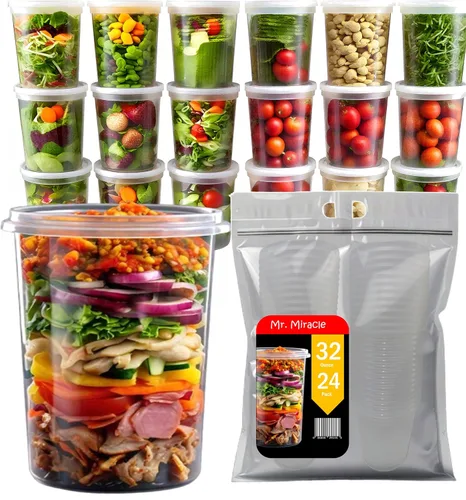 Vista 10 de Mr Miracle Recipientes de 8 onzas con tapas, paquete de 24 recipientes de plástico transparente herméticos reutilizables para alimentos y multiusos