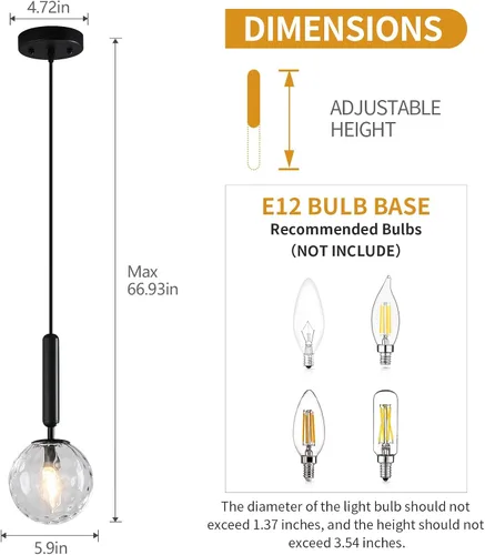 Vista 6 de Lámpara Colgante Negra Moderna Accesorio de Luz Colgante para Isla de Cocina de Mediados de Siglo con Lámpara Colgante de Globo Iluminación Colgante
