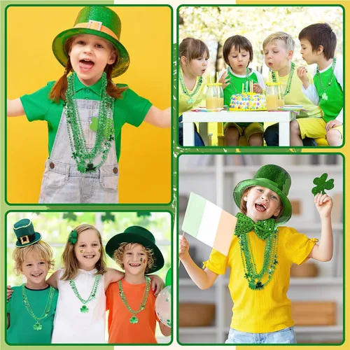 Vista 6 de JULBEAR 30 piezas de collares del Día de San Patricio, collares de cuentas metálicas verdes de trébol de trébol para suministros de fiesta de Mardi