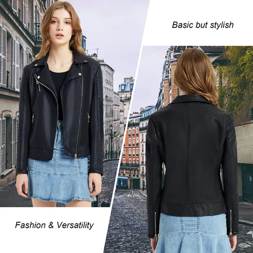 Vista 2 de Chaqueta de piel sintética para mujer, con cremallera, ajustada, para motociclista, para otoño e invierno