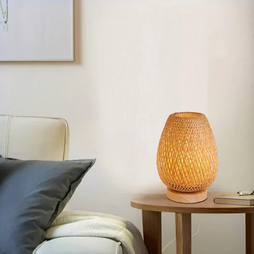 Vista 4 de Lámpara de mesa de tejido de bambú con base de madera natural hecha a mano, luz nocturna de noche para dormitorio, lámpara de escritorio retro, luz