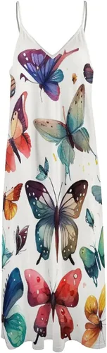 Vista 5 de Vestido largo de playa con estampado de mariposas coloridas para mujer, estampado floral, bohemio, vestido de playa