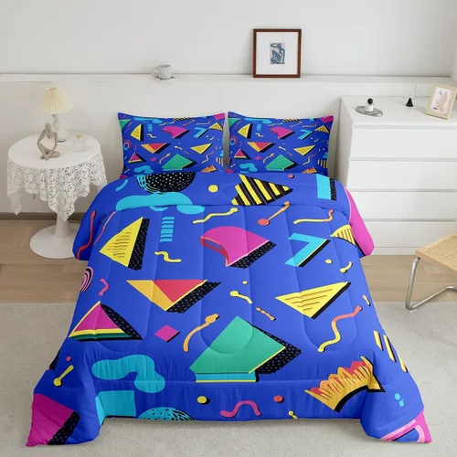 Vista 18 de Juego de edredón de estilo retro de los años 80, juego de ropa de cama de patrón geométrico abstracto, diseño urbano moderno con círculos