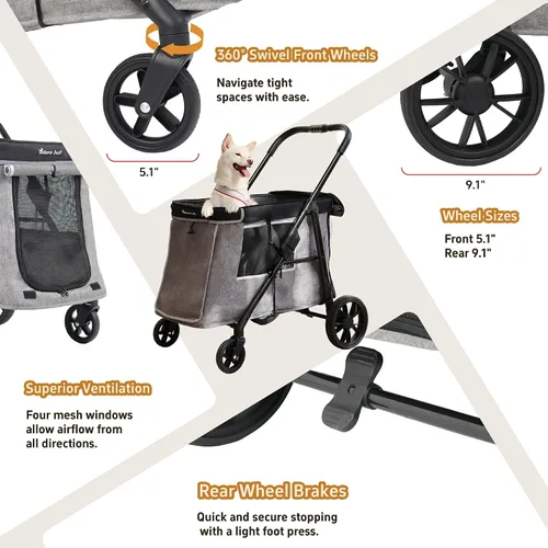 Vista 6 de Cochecito mediano para perros pequeños a grandes, con 4 ruedas, cochecito múltiple para 4 perros con capacidad para hasta 40 libras, plegado con un
