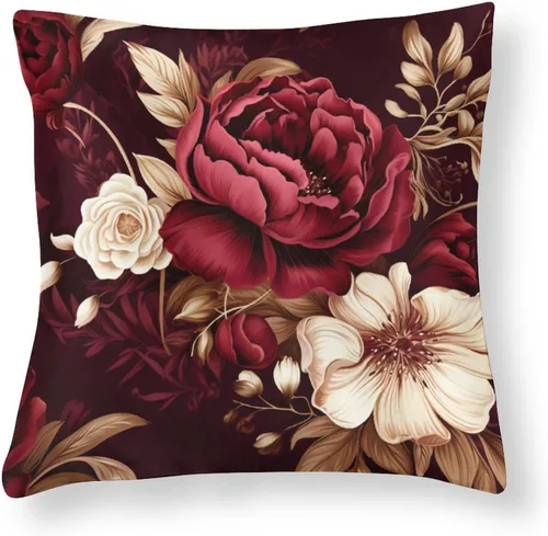 Vista 8 de Fundas de cojín de satén elegantes, decorativas florales burdeos, suaves y lujosas, elegantes fundas de almohada de terciopelo floral para sofá