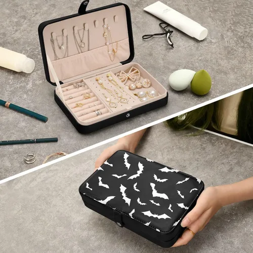 Vista 6 de Joyero de murciélagos de Halloween para mujeres y niñas, organizador de viaje de joyería de piel sintética, estuche de joyería pequeño portátil