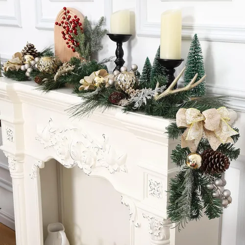 Vista 7 de Guirnalda de Navidad con luces, oro champán de 6 pies, 20 luces LED, guirnalda de Navidad preiluminada con adornos de bolas, cintas, conos de pino
