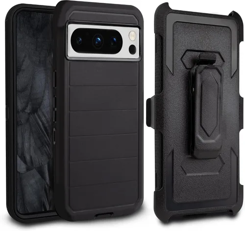 Vista 11 de Funda para Google Pixel 8 Pro, resistente y duradera, con protección de puerto, incluye soporte de clip con protector de pantalla integrado (negro)