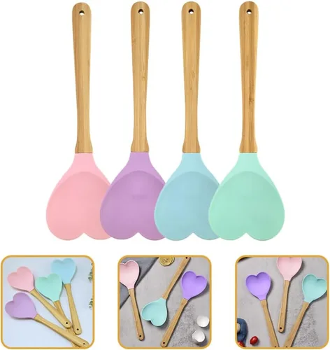 Vista 2 de Espátula en forma de corazón, 4 unidades, cuchara de madera de silicio en forma de corazón, cuchara de cocina para revolver, cuchara de mezcla