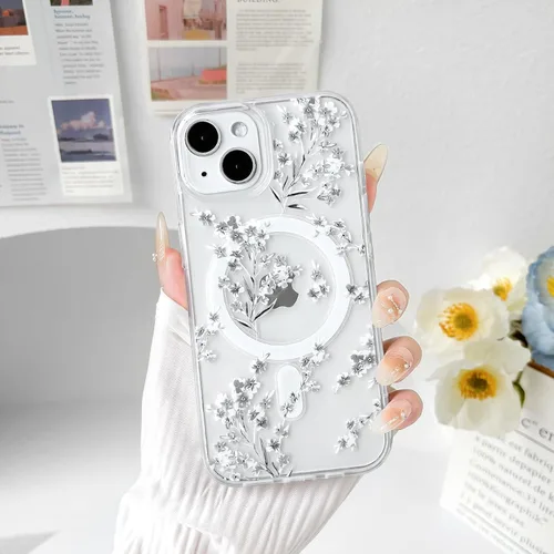 Vista 5 de NITITOP Funda magnética transparente compatible con iPhone 14 Plus/15 Plus, compatible con MagSafe lindas flores, hojas florales para mujeres
