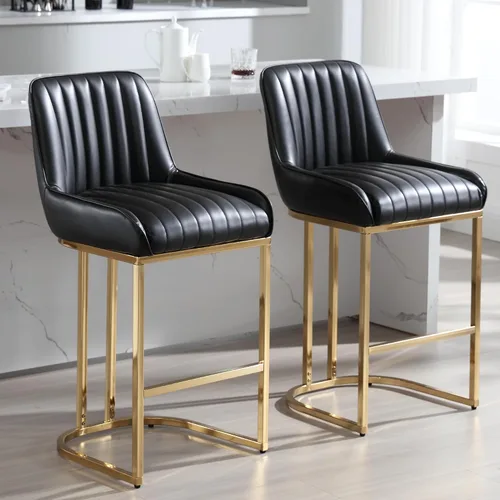 Vista 8 de Shunzhi Juego de 2 taburetes de bar de terciopelo beige de 26 pulgadas, modernos taburetes de mostrador con respaldo/patas doradas, sillas de bar
