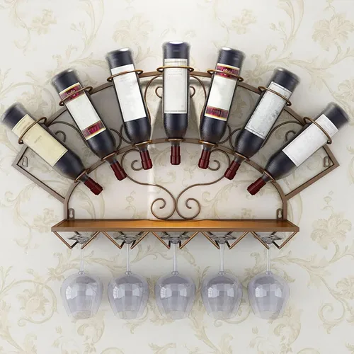 Vista 9 de Estante de metal para 7 botellas de vino, soporte para vino montado en la pared con estantes, estante de bar para licor, estante flotante para copas