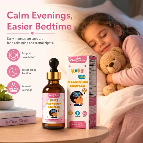 Vista 2 de Gotas de magnesio para niños, complejo de glicinato de magnesio líquido con citrato y taurato, apoyo para la calma y el sueño, apoyo para el cerebro