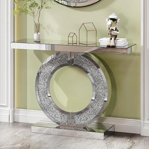Vista 32 de Mesa Consola Negra con Espejo, Mesa de Sofá de Cristal Rectangular de 48 pulgadas con Elementos Tallados Vintage con Espejo, Muebles de Espejo
