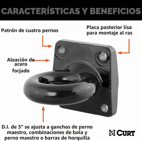 Vista 3 de CURT 48560 Anillo de acero negro para lunette, diámetro interior de 3 pulgadas, 60,000 libras, patrón de pernos de 4-1/2 pulgadas