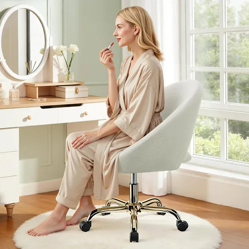 Vista 8 de Silla de tocador con ruedas (grande), silla de oficina en casa chapada en titanio dorado, 300 libras, moderna silla giratoria de terciopelo